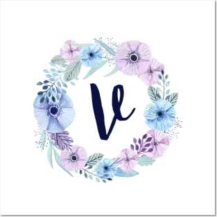 Floral Monogram V Icy Winter Blossoms Posters and Art